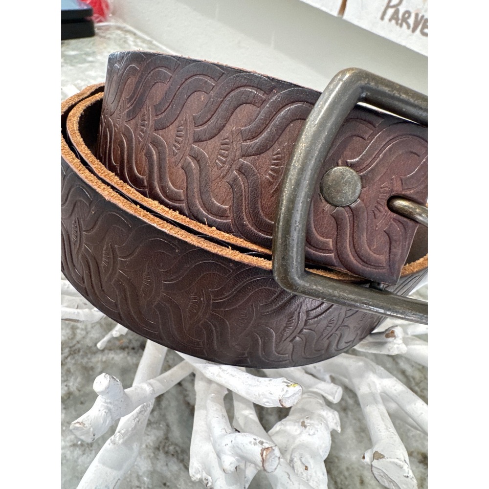 Vintage brown tooled leather belly Mossimo Supply Co. scale embossed pattern XL - Picture 2 of 8